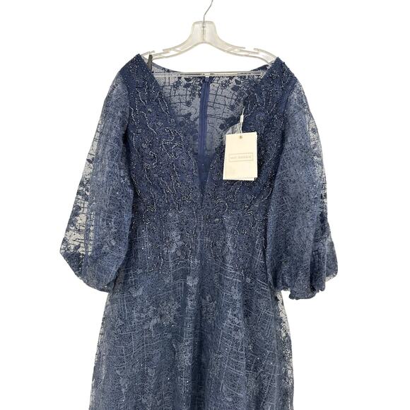 Mac Duggal Women's Blue Embellished Plunge Neck Bishop Sleeve Dress Size 14 - Picture 7 of 10